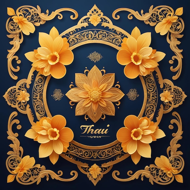 Photo traditional thai design decorative image with golden floral emblem and blue motifs