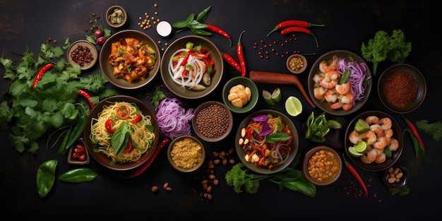 Traditional Thai food on dark background Oriental food concept Top view flat lay panorama