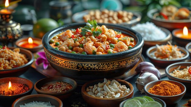 Photo a traditional thai food serving setup with popular dishes and beautifully decorated tableware