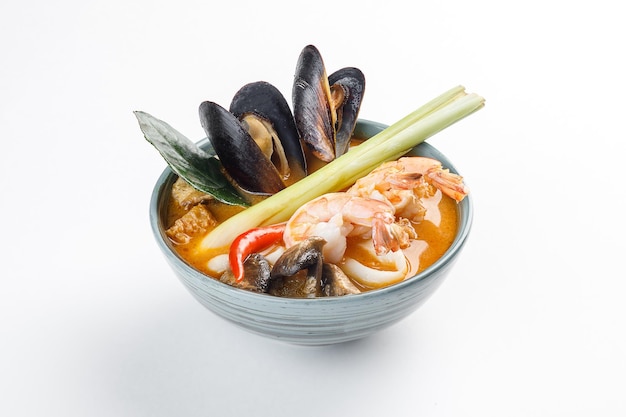 Traditional Thai food Soup tom yam with seafood