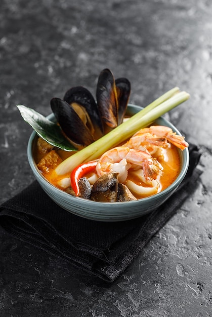 Traditional Thai food Soup tom yam with seafood