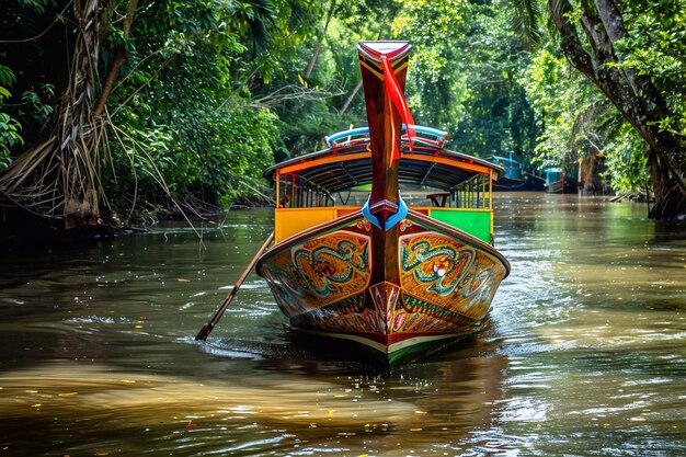 Traditional Thai longtail boat on a river Colorful boat adorned with decorative motifs