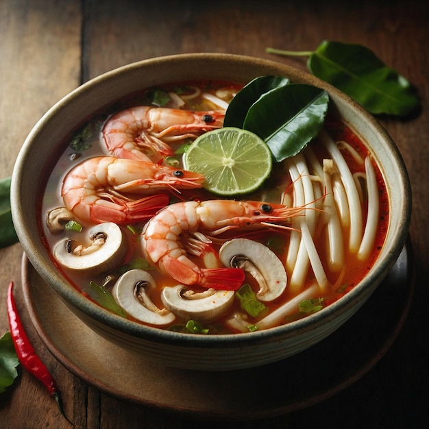 Traditional Thai Tom Yam soup with pieces of shrimp slices of mushroom and fresh cilantro