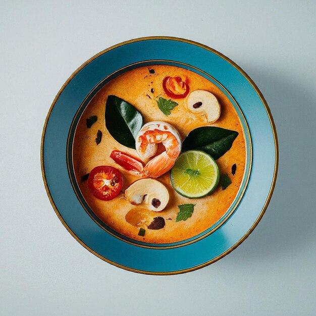 Photo traditional thai tom yum soup served in a rustic ceramic bowl with shrimp garnish