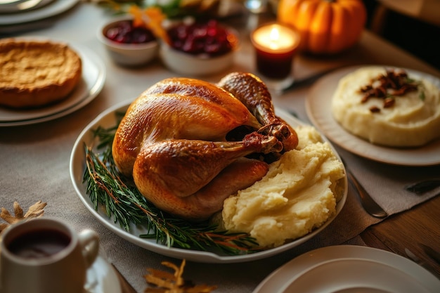 Photo traditional thanksgiving dinner a beautifully set table with a goldenbrown roasted turkey