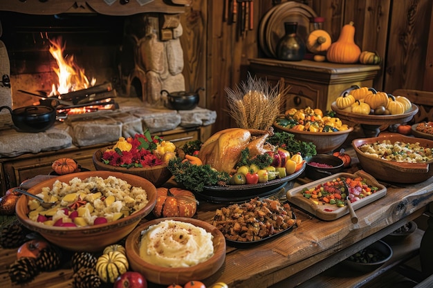 Traditional Thanksgiving dinner spread on rustic table with turkey and autumn decor