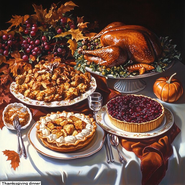 Photo traditional thanksgiving dinner turkey stuffing cranberry sauce and pumpkin pie