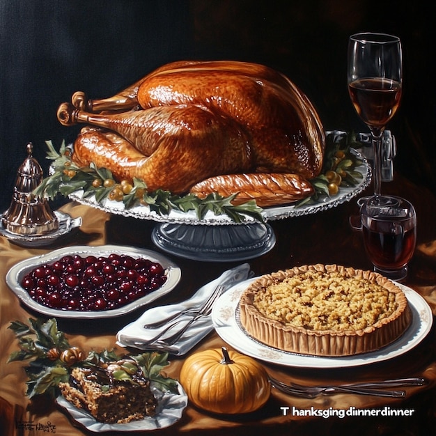 Photo traditional thanksgiving dinner turkey stuffing cranberry sauce and pumpkin pie