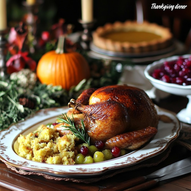 Photo traditional thanksgiving dinner turkey stuffing cranberry sauce and pumpkin pie