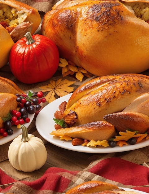 A traditional Thanksgiving dinner with a roasted turkey mashed potatoes stuffing and cranberry