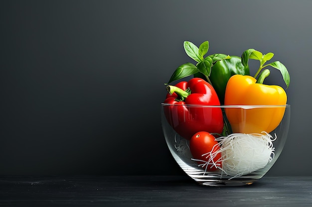 Traditional that food with rice vermicelli bell peppers and botchy on desk against black