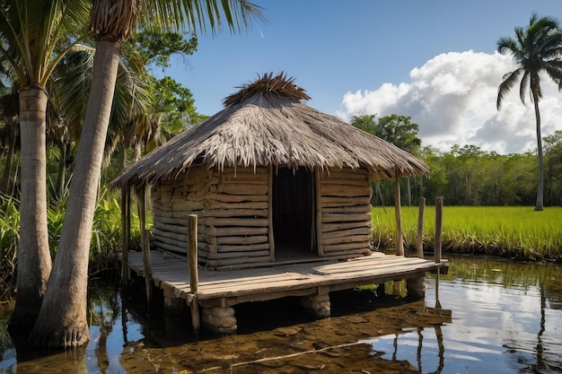 Traditional Thatched Roof Hut in a Tropical Setting