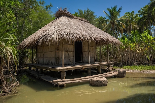 Traditional Thatched Roof Hut in a Tropical Setting