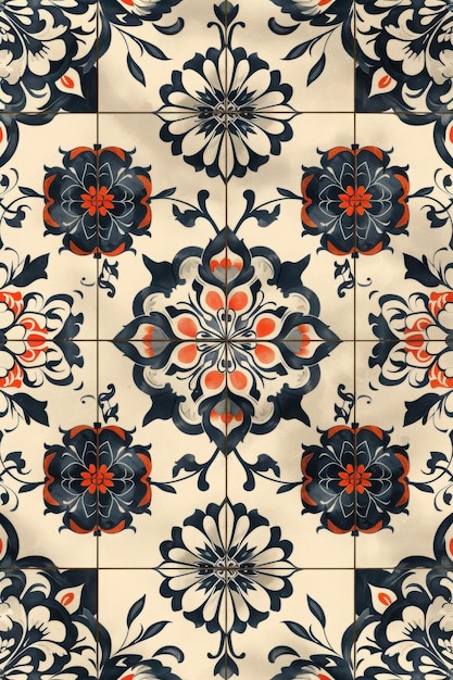 Traditional Tile Pattern with Blue and Orange Floral Motifs