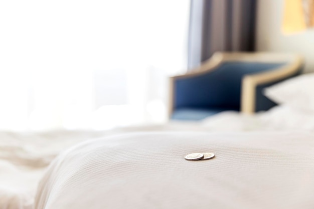 Traditional tips is laying on the corner of the bed in hotel room. Dollar or euro money tips to thank the room cleaner for good service. Grateful vacationers at the Egypt resort. High quality photo