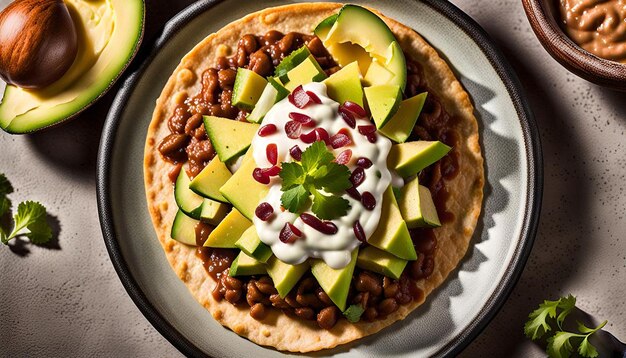 Photo traditional tostadas with refried beans and avocado