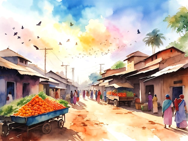 Traditional town vegetable village market and colorful scenery Landscape watercolor painting