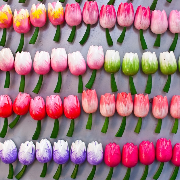 Traditional tulips made of wood in Amsterdam shop