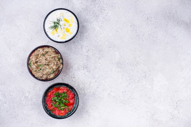 Traditional Turkish or Arabian meze sauces. Eggplant dip baba ganoush, tzatziki and tomato ezme