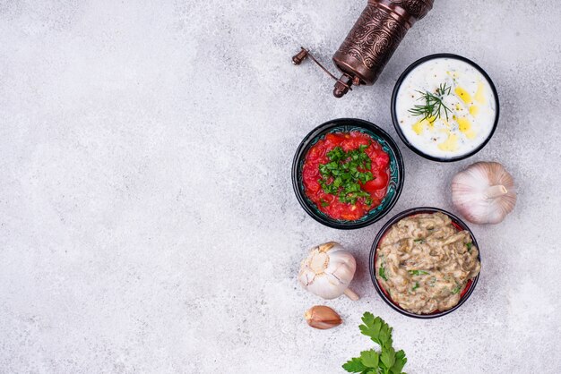 Traditional Turkish or Arabian meze sauces. Eggplant dip baba ganoush, tzatziki and tomato ezme