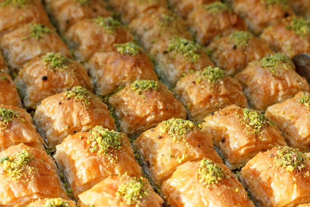 Traditional Turkish baklava sweets in the open buffet in a hotel in Turkey