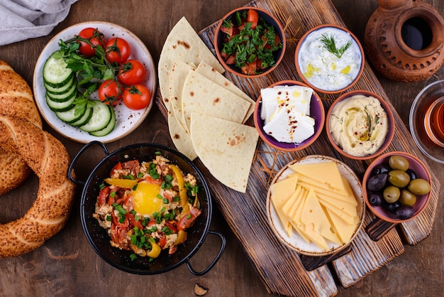 Traditional turkish breakfast with meze and simit