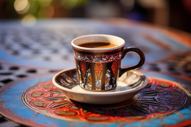 Photo a traditional turkish coffee cup filled with rich dark coffee resting on a colorful kilim rug