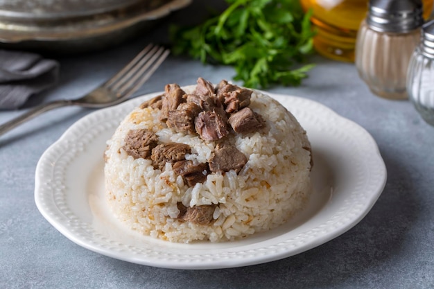 Traditional Turkish cuisine; Meat rice pilaf. Turkish name; etli pirinc pilavi