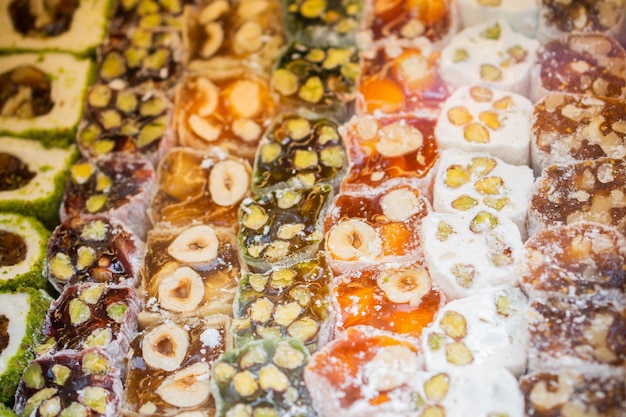 Traditional Turkish delight sweets as lokum candy