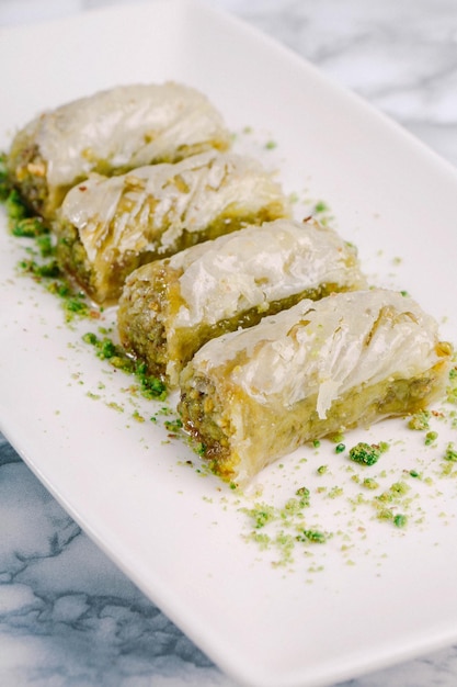 Traditional turkish dessert baklava with cashew walnuts Homemade baklava with nuts and honey