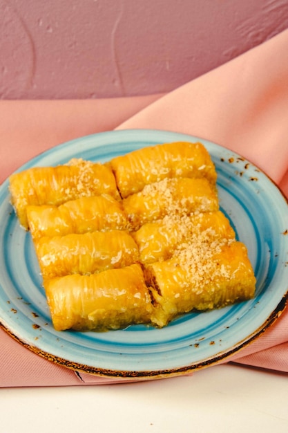 Traditional turkish dessert baklava with cashew walnuts Homemade baklava with nuts and honey