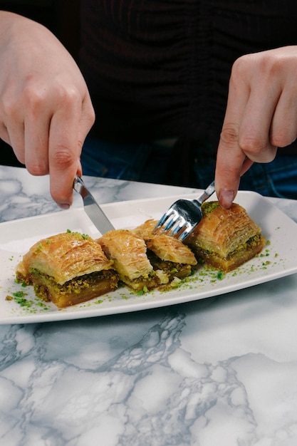 Traditional turkish dessert baklava with cashew, walnuts. Homemade baklava with nuts and honey.