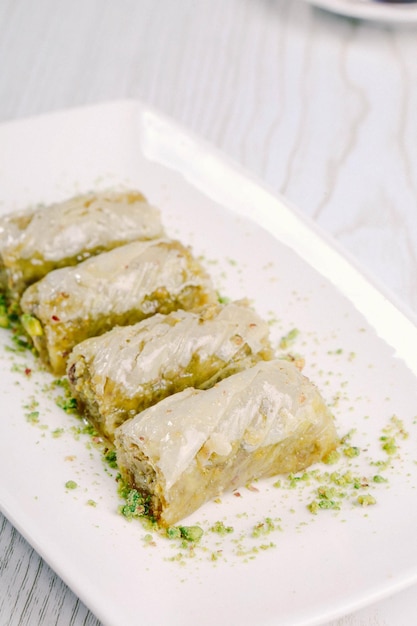 Traditional turkish dessert baklava with cashew, walnuts. Homemade baklava with nuts and honey.