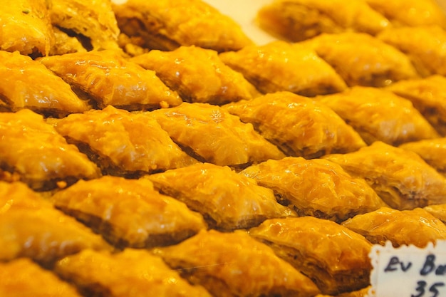 Traditional turkish dessert baklava with cashew walnuts Homemade baklava with nuts and honey