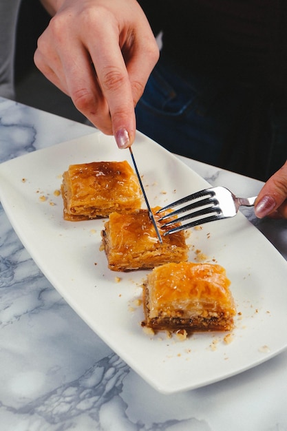 Traditional turkish dessert baklava with cashew walnuts Homemade baklava with nuts and honey