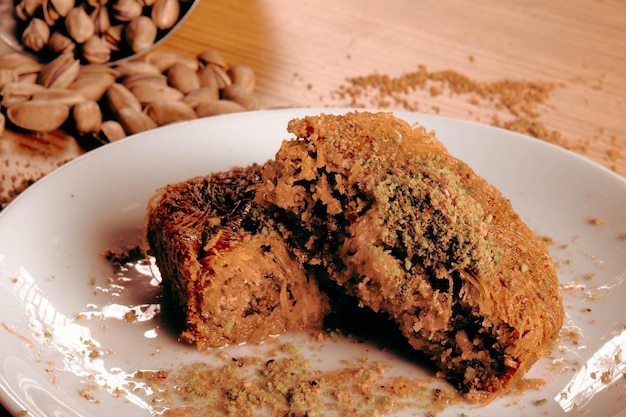 Traditional turkish dessert baklava with cashew, walnuts. Homemade baklava with nuts and honey.