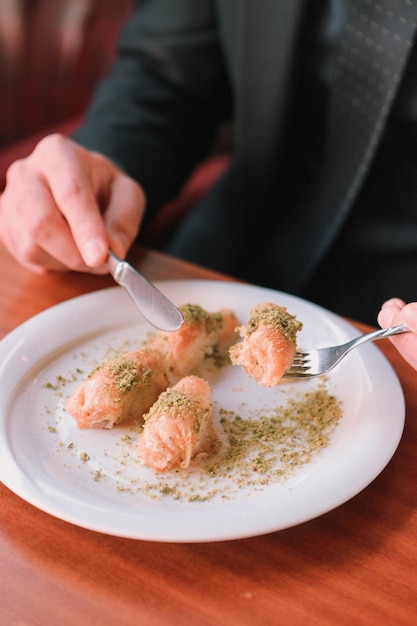 Traditional turkish dessert baklava with cashew, walnuts. Homemade baklava with nuts and honey.