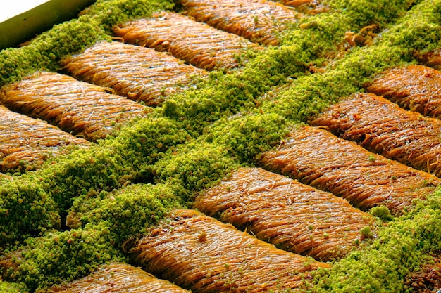 Traditional turkish dessert baklava with cashew walnuts Homemade baklava with nuts and honey