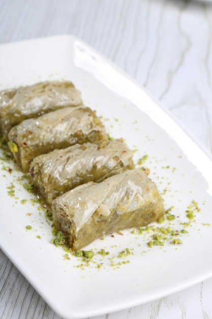 Traditional turkish dessert baklava with cashew walnuts Homemade baklava with nuts and honey