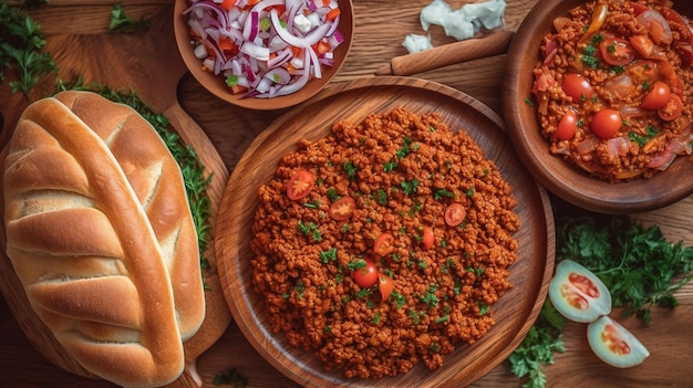 Traditional Turkish food lahmacun and kiymali