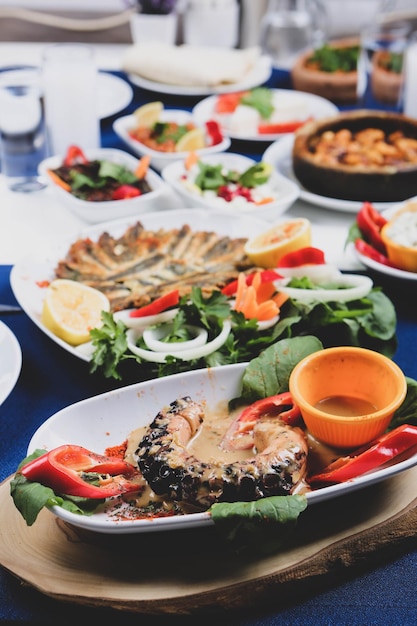 Traditional Turkish and Greek dinner meze table