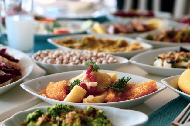 Traditional Turkish and Greek dinner meze table