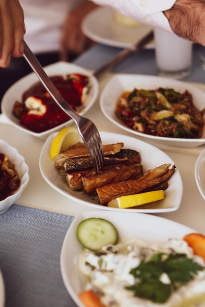 Traditional Turkish and Greek dinner meze table