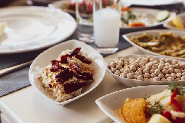 Traditional Turkish and Greek dinner meze table