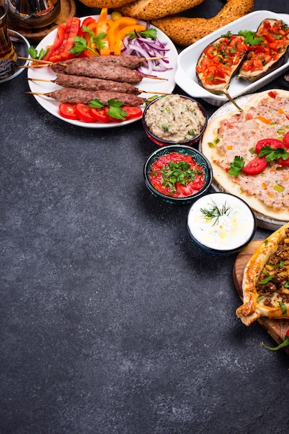 Traditional Turkish or Middle eastern dishes. Kebab, meze, pide, lahmajoun, tea and coffee