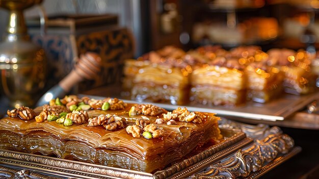 Photo traditional turkish pastry shop with golden layers of filo