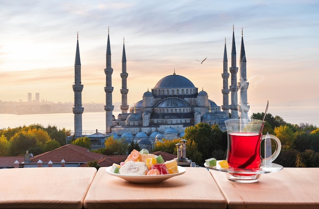 Traditional turkish tea in front of the Blue Mosque Istanbul