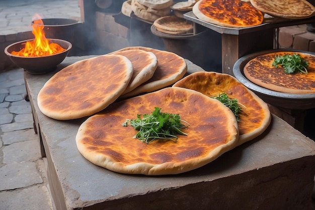 Photo traditional uzbek tandoor flatbread on market counter in uzbekistan