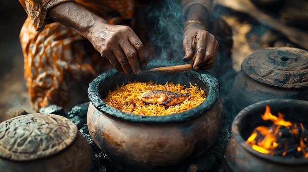 Photo traditional village cook preparing marinade outdoors