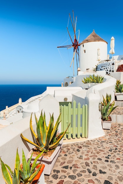 Traditional white architecture on Santorini island, Greece. Summer landscape, sea view. Famous travel destination